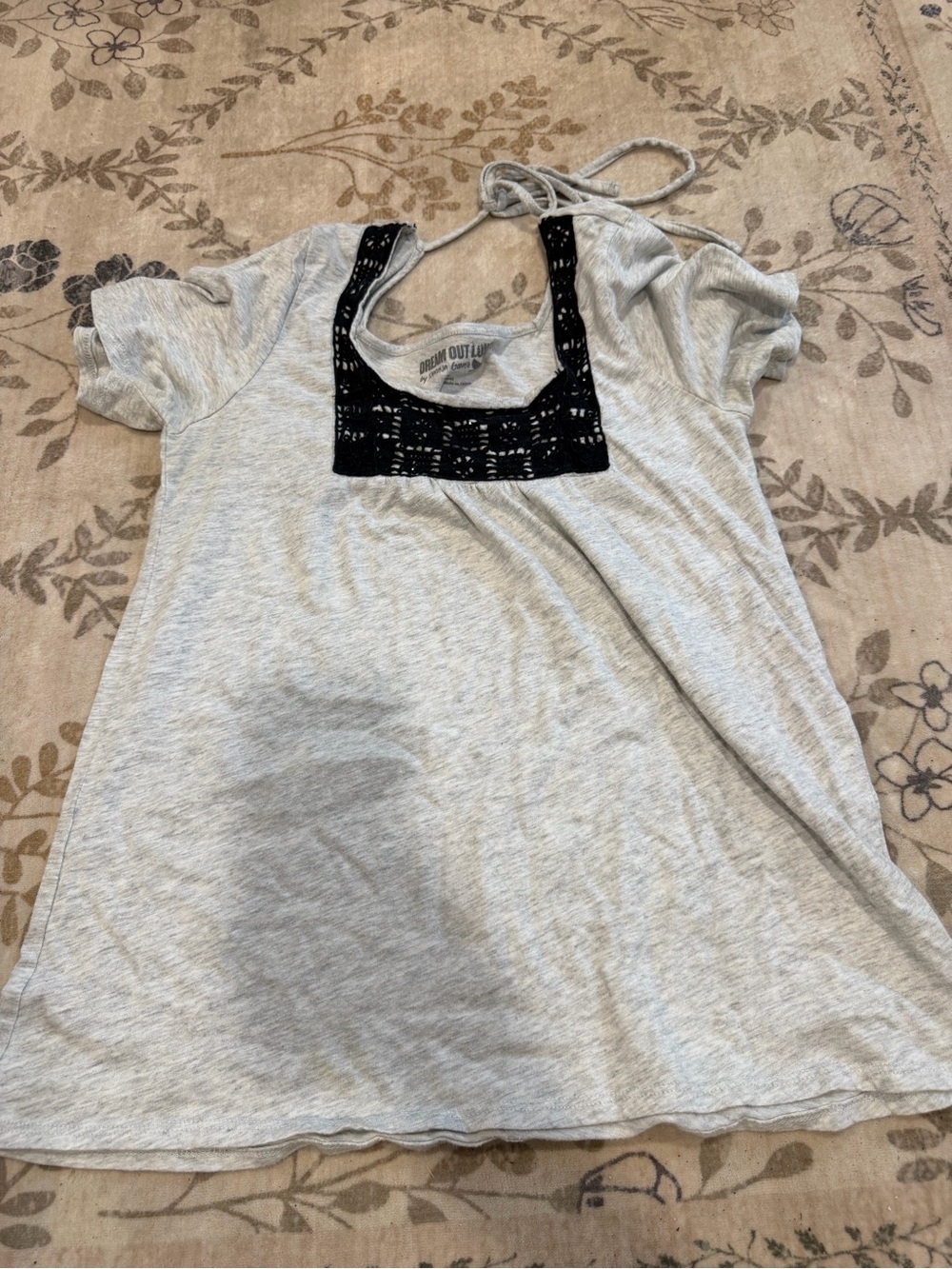 Light Gray Women's Top with Black Crochet Square Neckline
